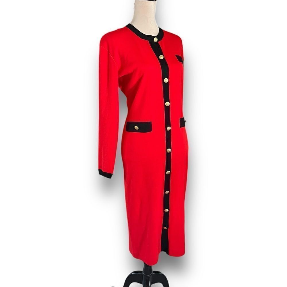 Vintage Red Button Down Sweater Dress with Black Contrast Trim by Outlander, M - Picture 8 of 11